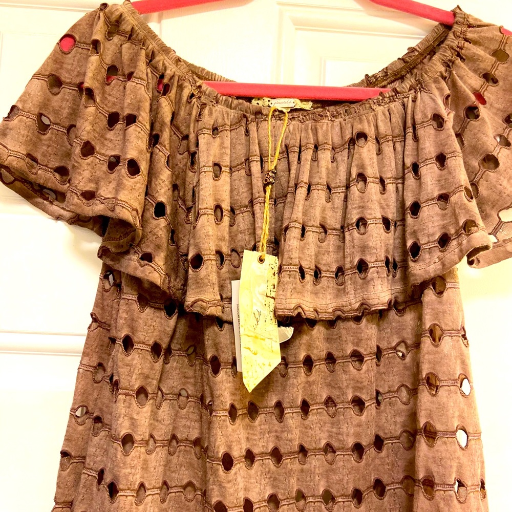 Gimmicks off the shoulder eyelet top